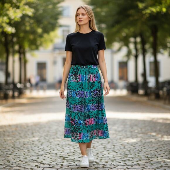 Styles To Go Small Cotton Pleated Maxi Skirt Jade Print Animal Pattern - Picture 1 of 7